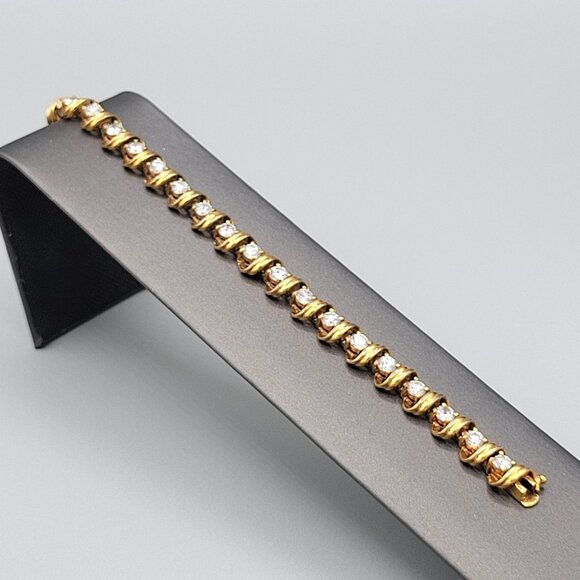Gold Shell Tennis Bracelet Prong Set Rhinestone Crystals Safety Clasp 6 3/4 in - Picture 1 of 7